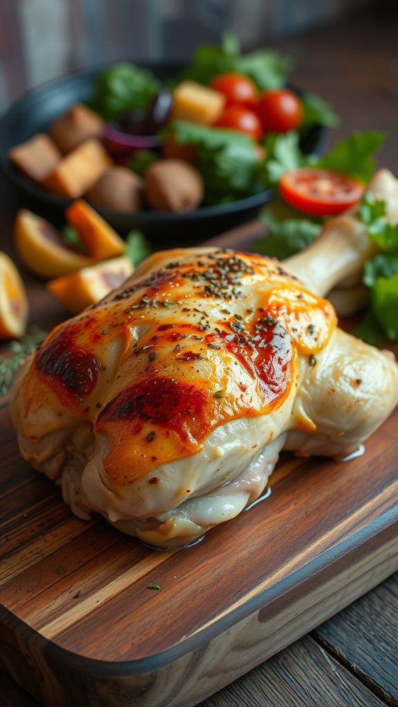Juicy oven-baked chicken thigh on a wooden board with crispy skin and herbs, accompanied by roasted vegetables and salad.
